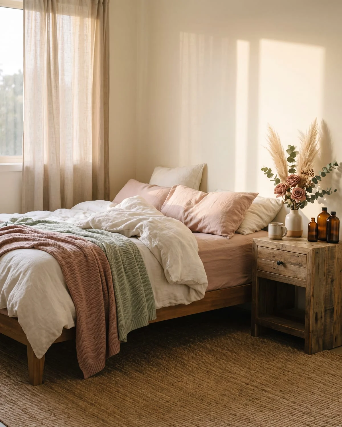 Chambre lumineuse aux draps de lin blanc et rose poudré