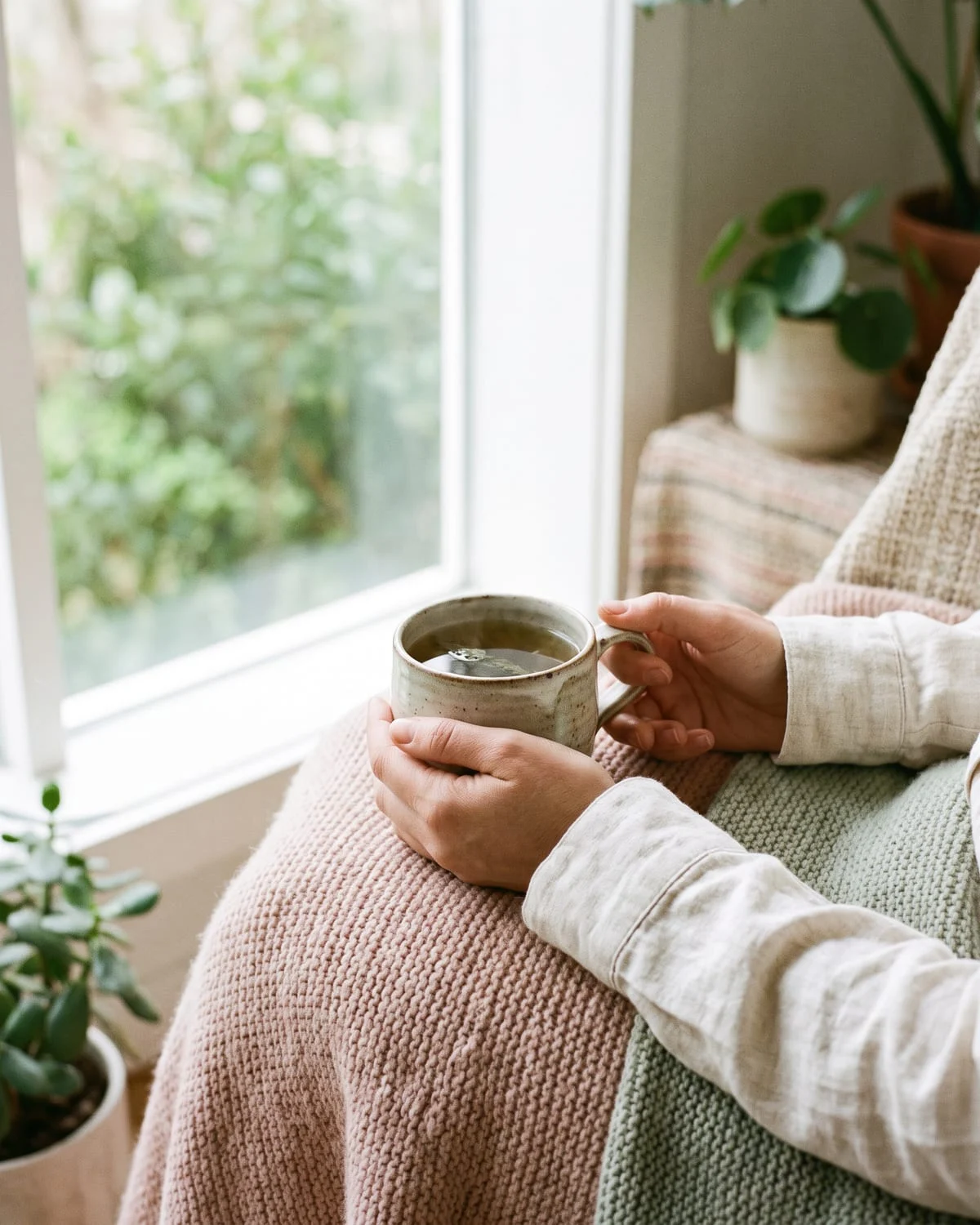 Deux mains tenant une tasse d'infusion chaude près d'une fenêtre, plaid en laine