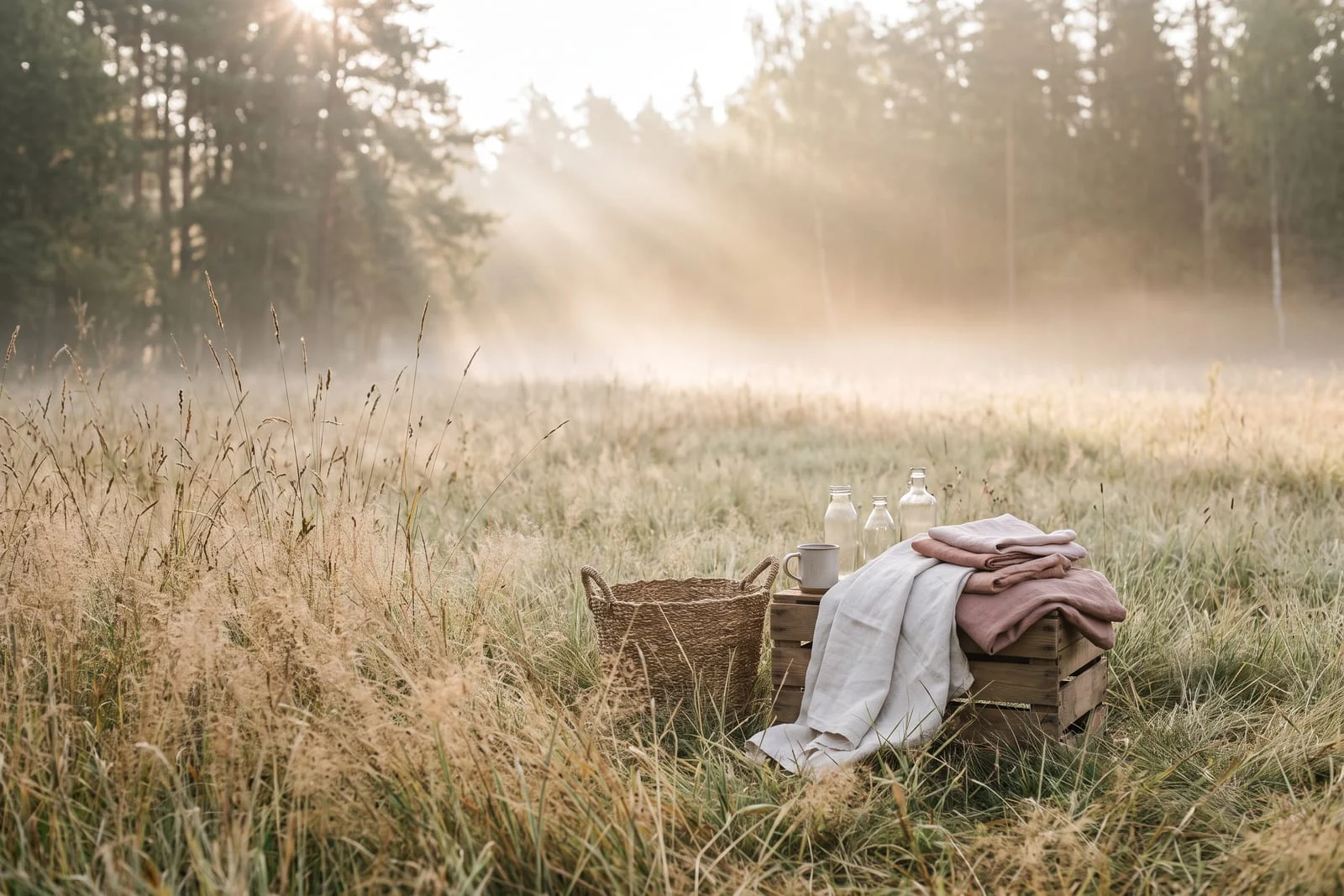 Prairie brumeuse au lever du jour, en lisière de forêt