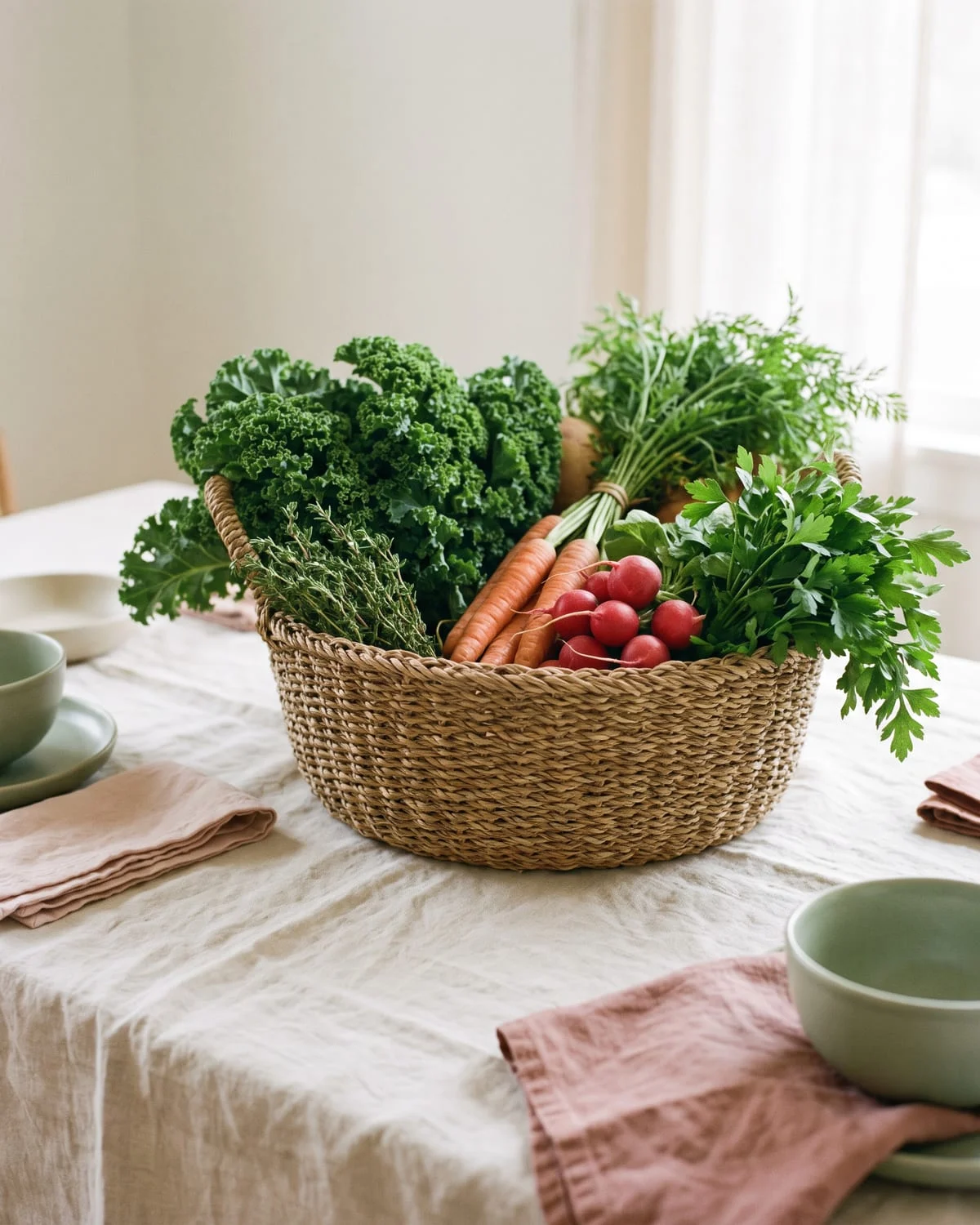 Panier de légumes de saison et d'herbes aromatiques